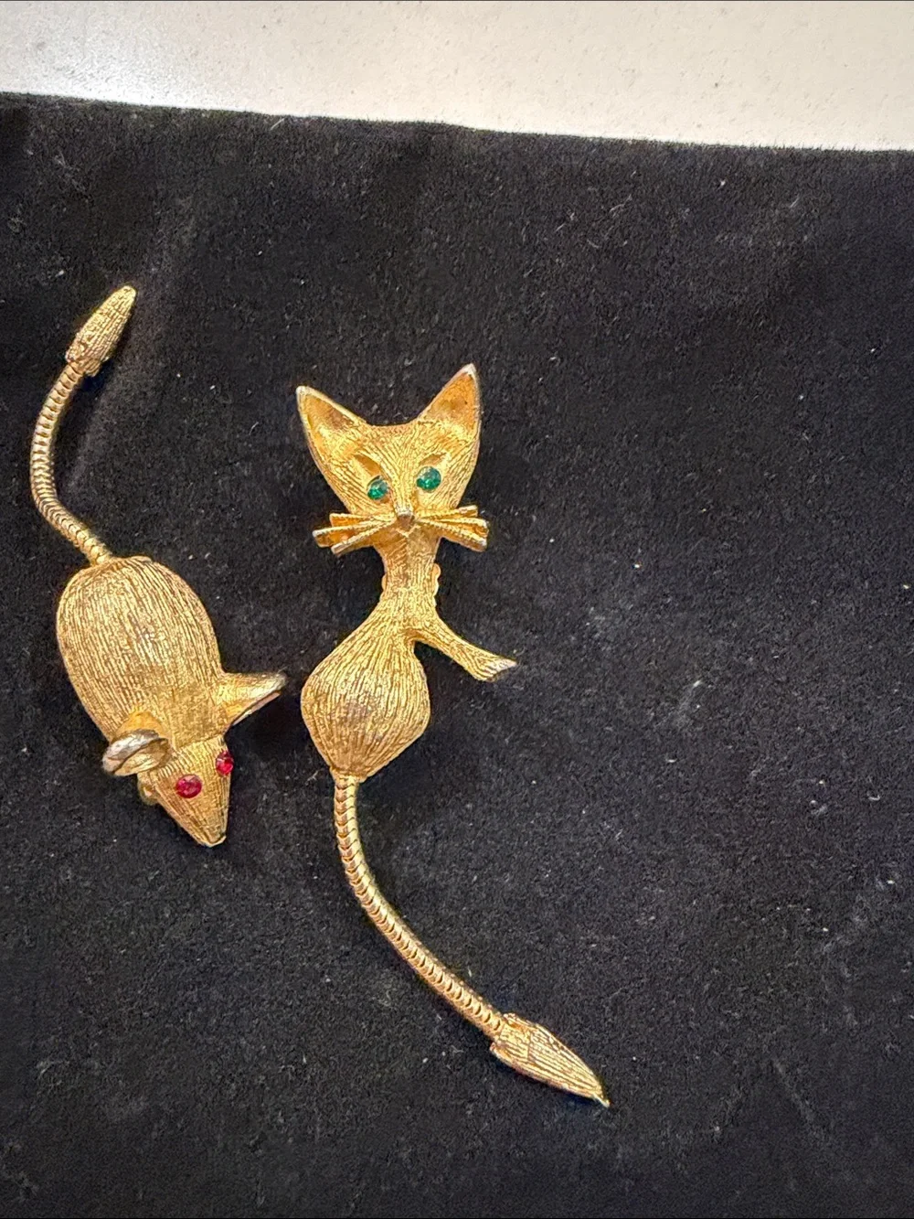 Gold Cat & Mouse Brooch Set with Colored Gem Eyes